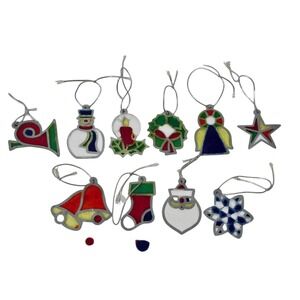 VTG 80s Faux Stained Glass Christmas Ornament Set 10 Pc Santa Angel Wreath Bells